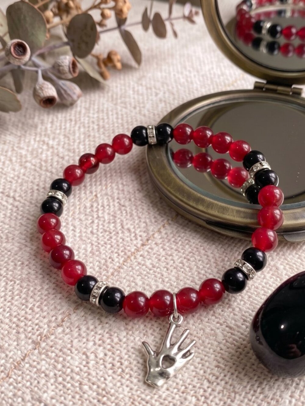 3/$20 New Handmade Black Red Glass Beaded Stretch Bracelet Silver Hand Charm